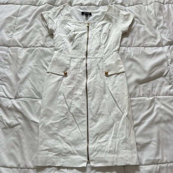 Chetta B Womens 2 White Full Front Zip Sheath Dress Office Casual Business - Picture 1 of 9